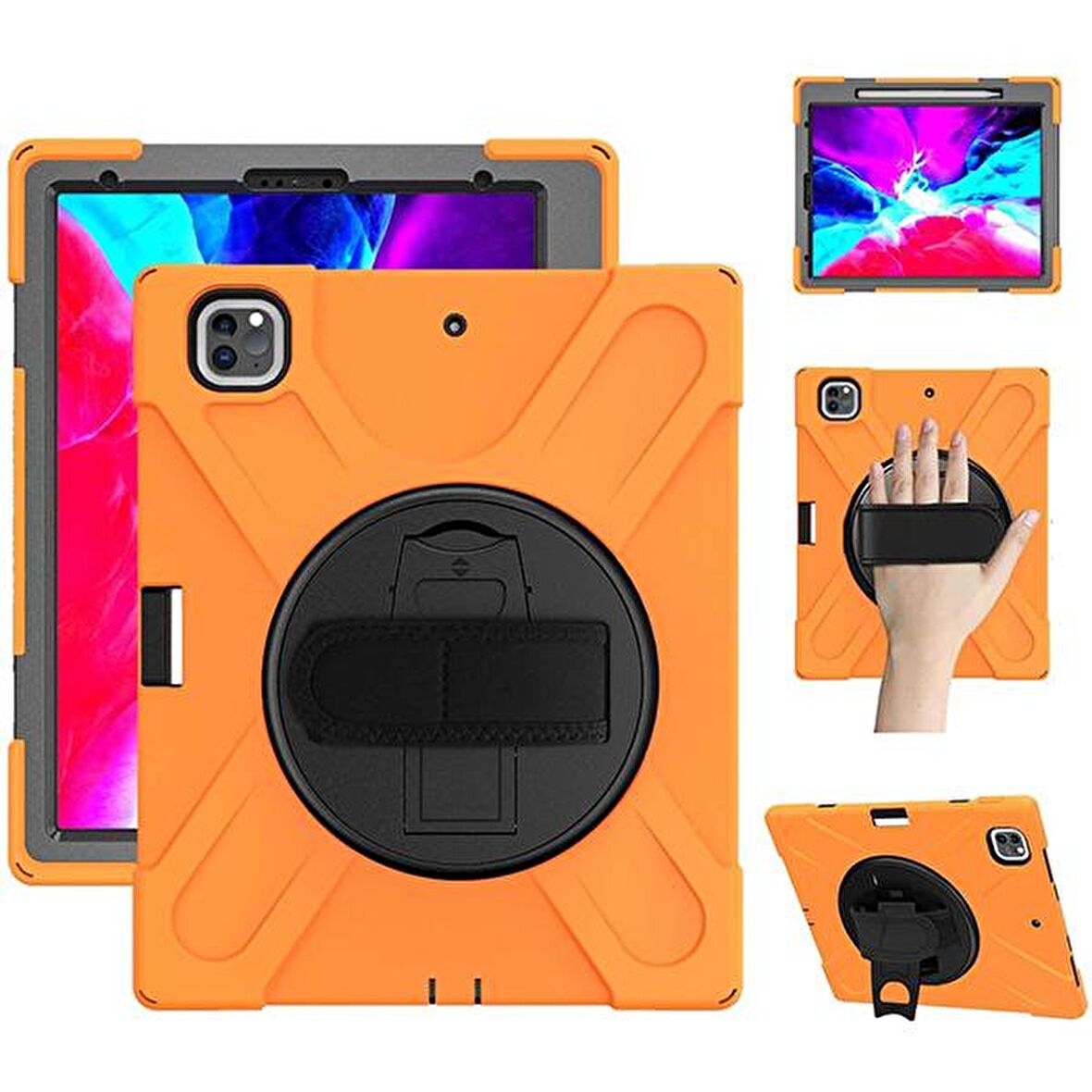Ally İPad Pro 12.9-inch (2021)-(2020) Kılıf Kalem Yerli 3 Katmanlı Standlı Zırh Kılıf-Shockproof TURUNCU