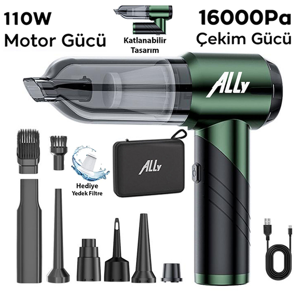 ALLY ST-6670PLUS 16000pa Güçlü Portatif 3 Kademeli Tasinabilir Vakumlu Kablosuz Üflemeli Mini Araç Süpürgesi