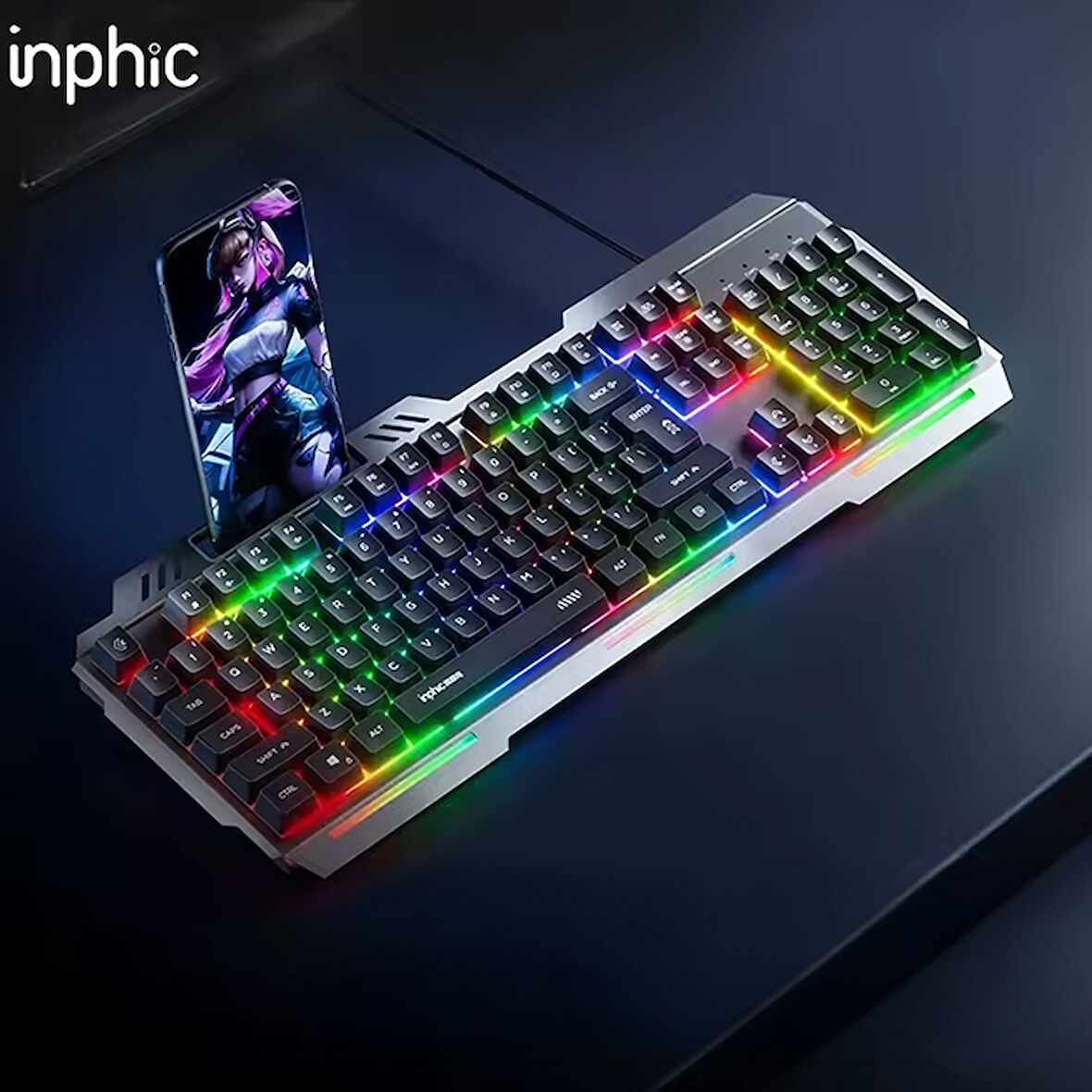 Inphic K2 USB Kablolu Oyun Klavyesi 104-Key Sessiz Oyun Klavyesi Bilgisayar Laptop için Cep telefonu yerleştirme alanı