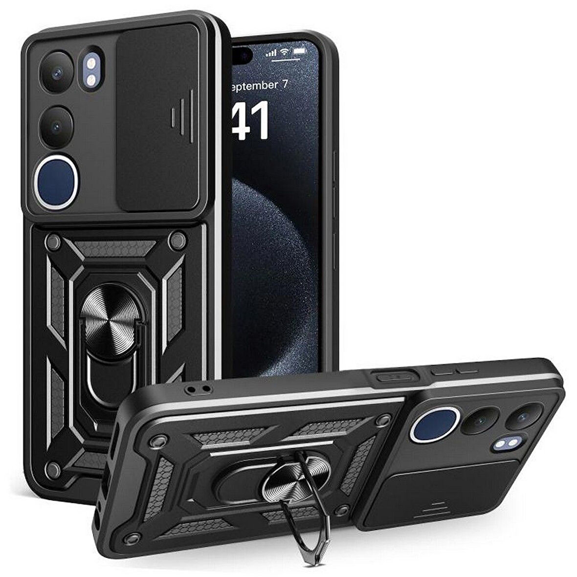 Gpack Vivo Y19S uyumlu Kılıf Pars Sürgülü Kamera Korumalı Yüzüklü Sert Silikon
