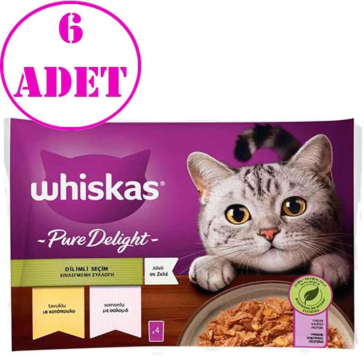 Whiskas Pouch Pure Delight Jöle İçinde Tavuklu ve Somonlu Yetişkin Kedi Konservesi 85gr (4'lü) 6 AD
