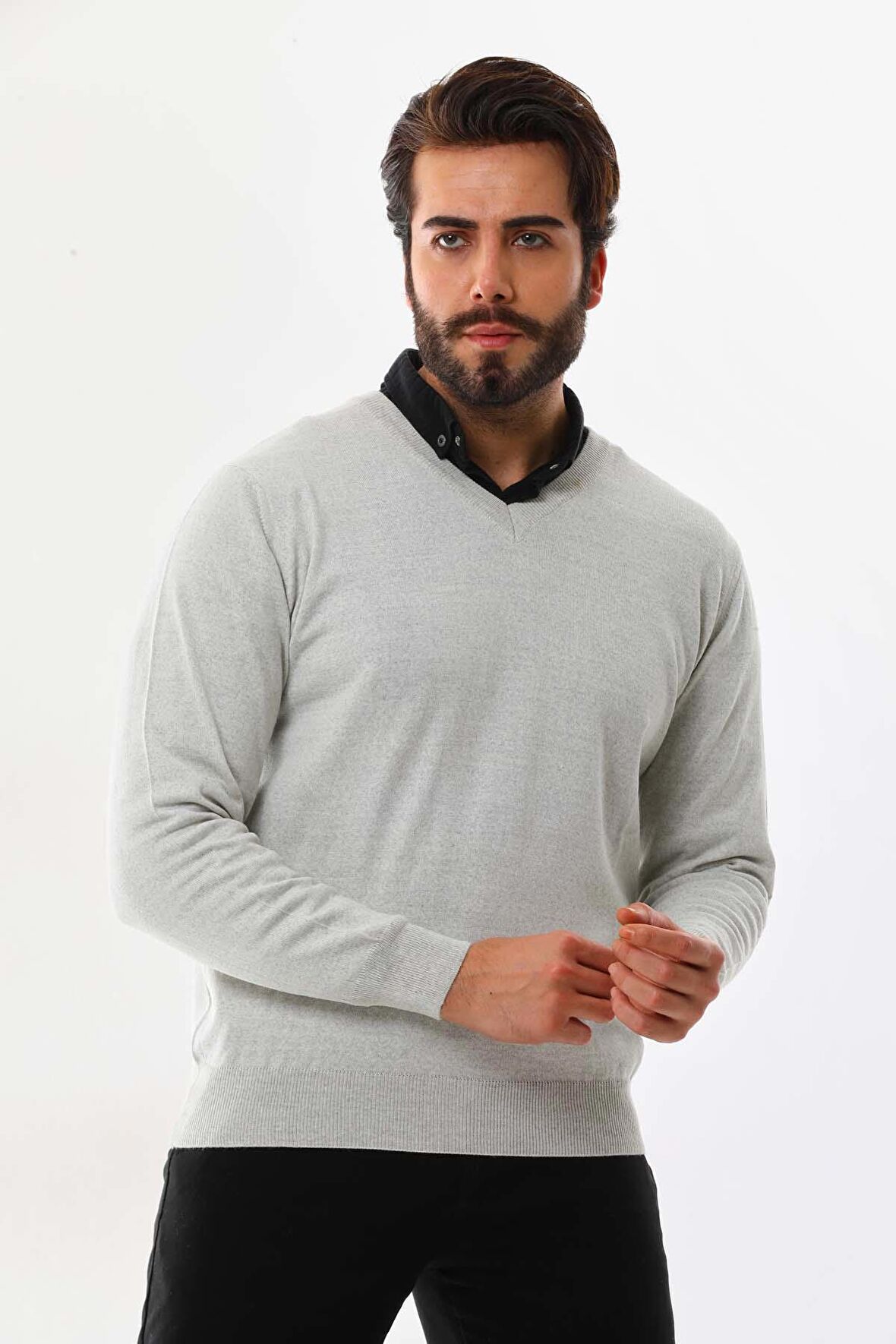 Günay Erkek V Yaka Yün Kazak 5000 Açık Gri