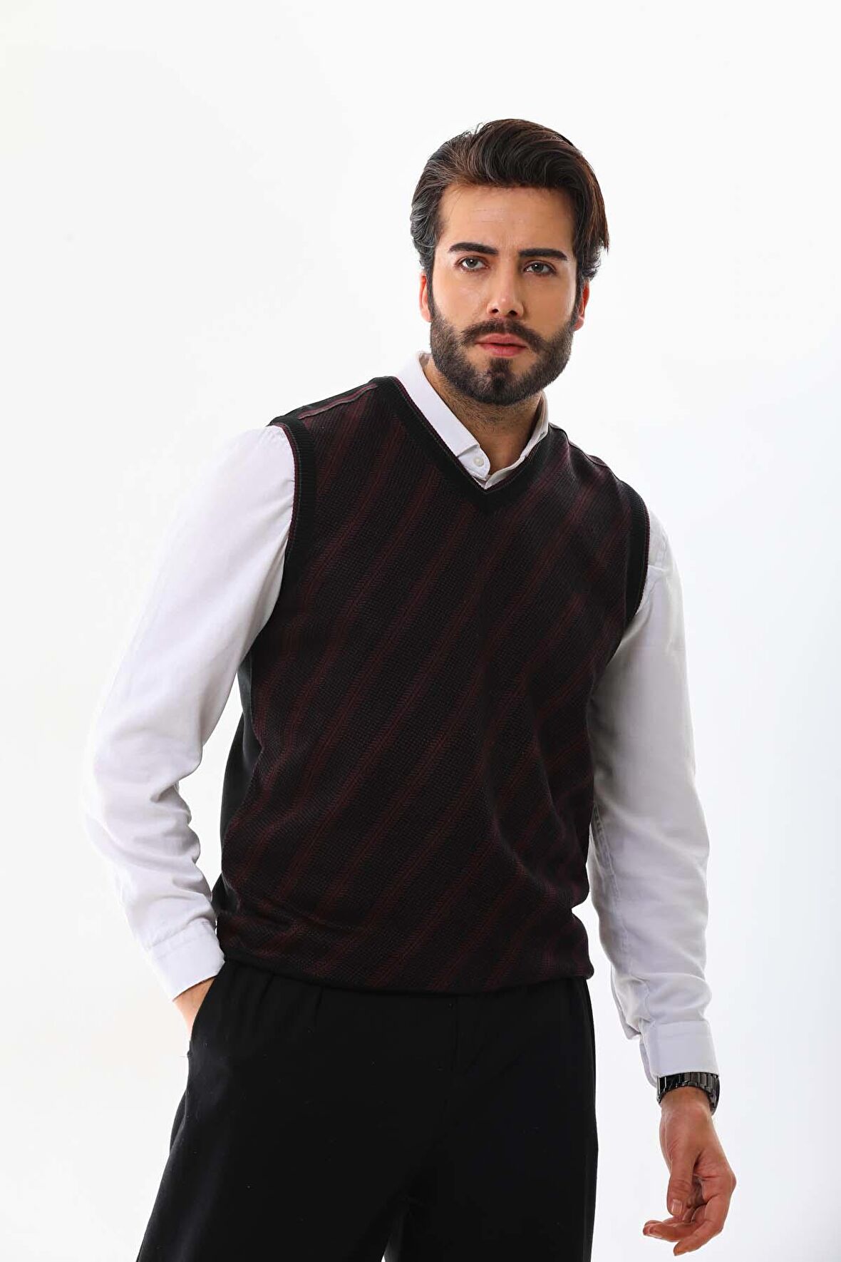 Pelikan Erkek Çizgili V Yaka Süveter 9625 Bordo