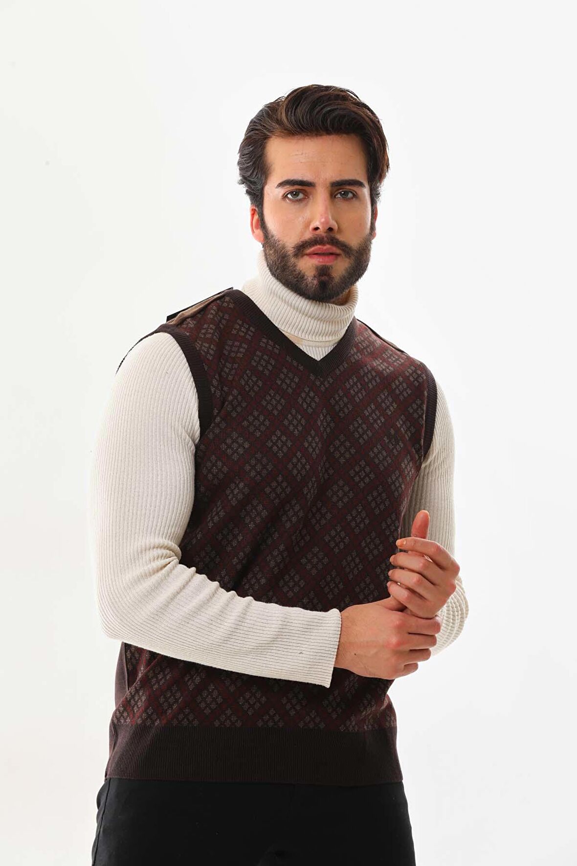 Pelikan Erkek V Yaka Desenli Süveter 9614 Kahverengi