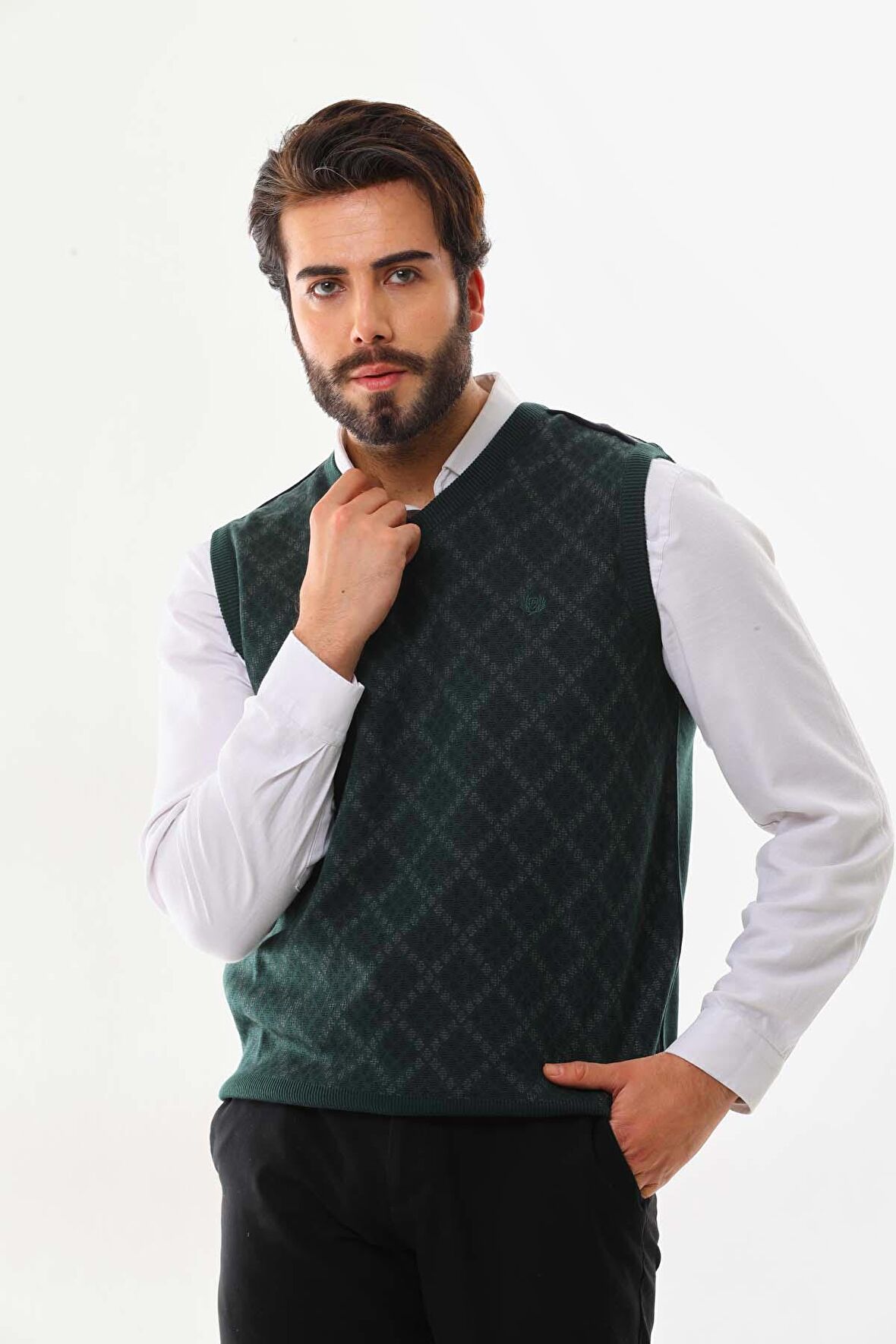 Pelikan Erkek V Yaka Desenli Süveter 9614 Yeşil