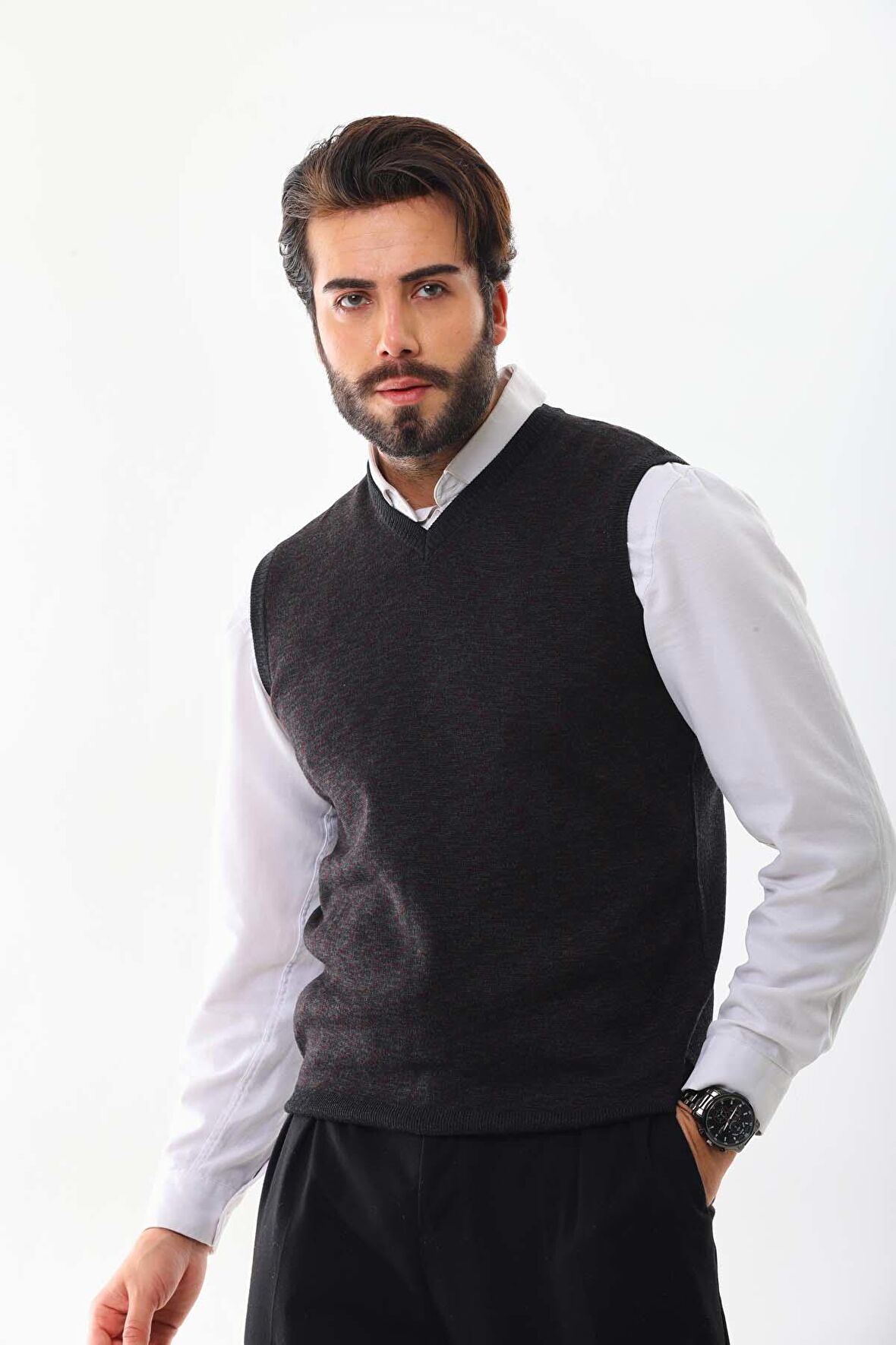 Pelikan Erkek V Yaka Yün Süveter 4P20 Antrasit