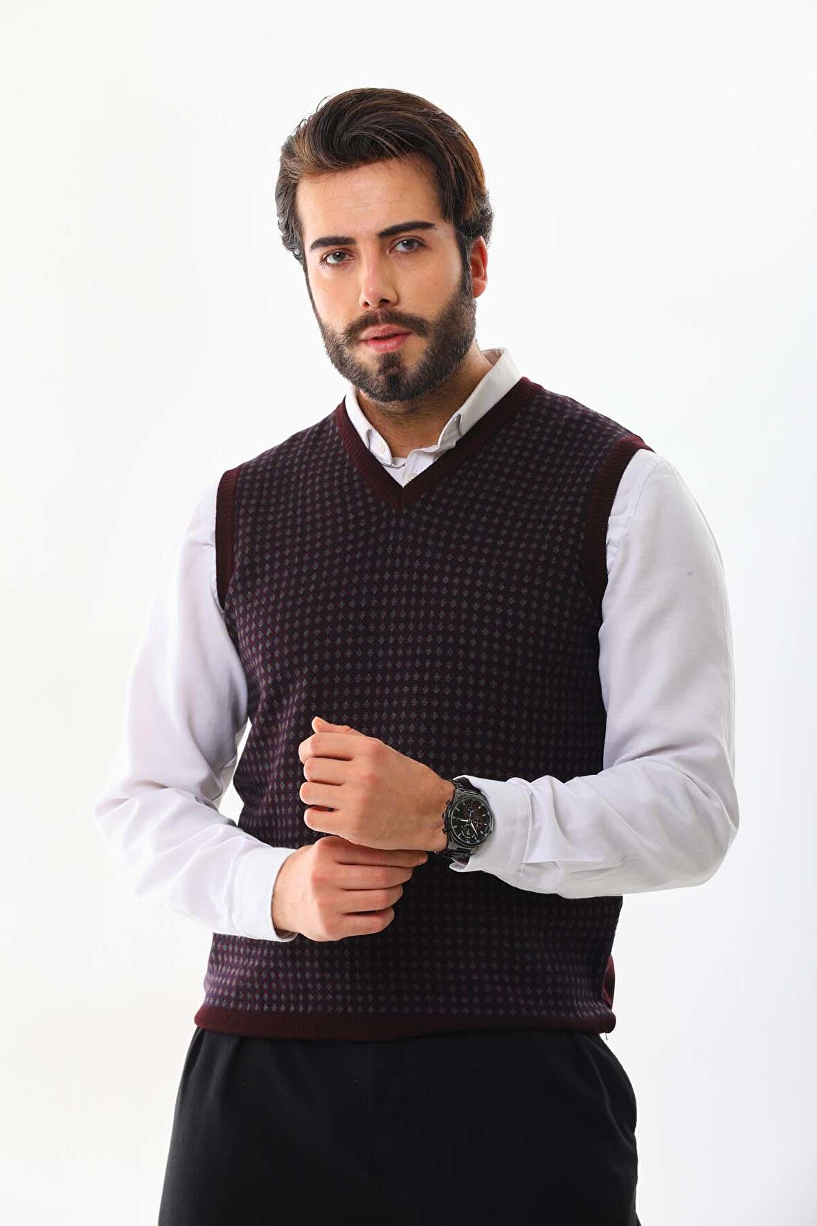 Pelikan Erkek V Yaka Desenli Yün Süveter 4P17 Bordo