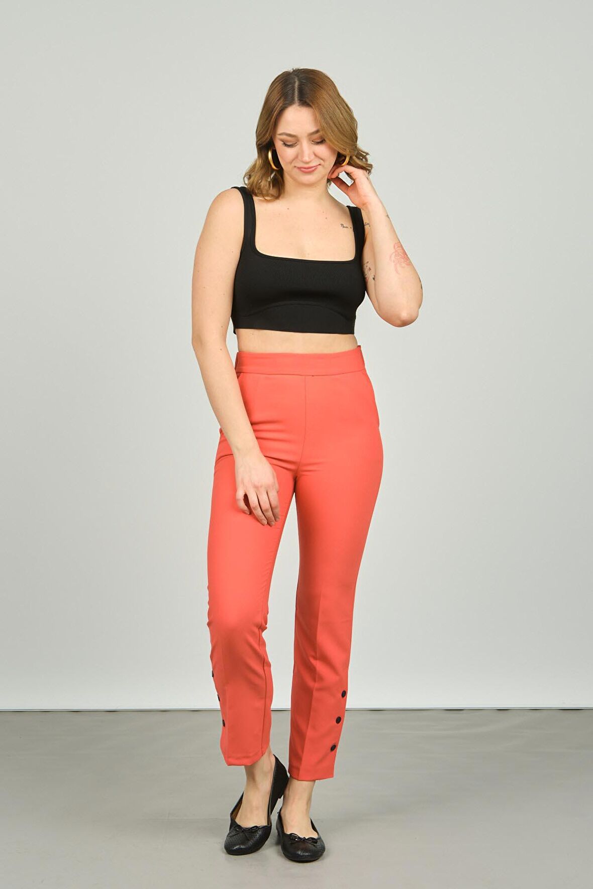 FA Pantolon Kadın Paçaları Düğmeli Dar Kalıp Pantolon 6001 Mercan