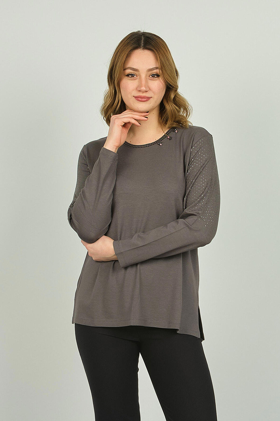 Detay Triko Kadın Bisiklet Yaka Süsleme Detaylı Uzun Kol Bluz 4530 Gri