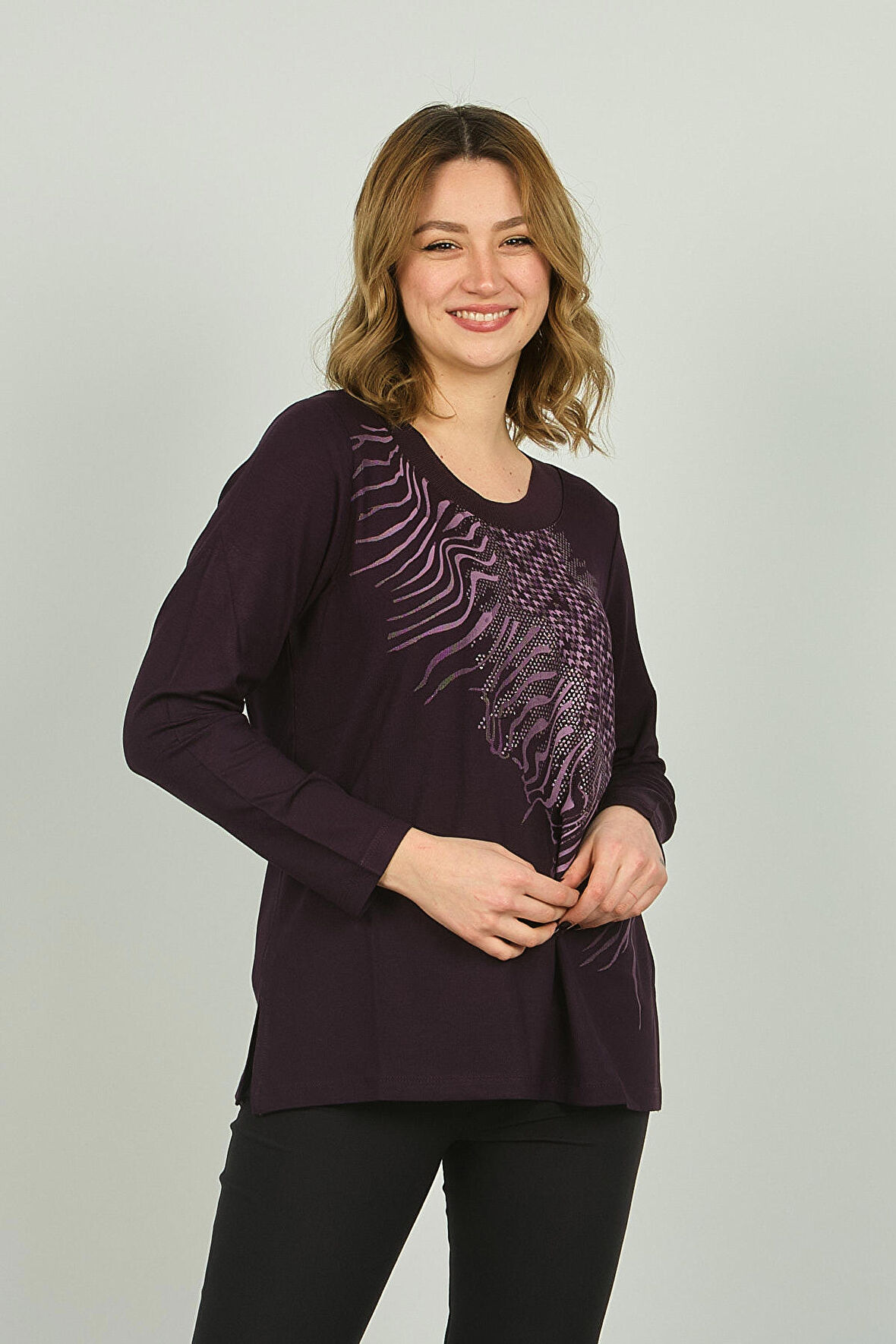 Detay Triko Kadın Desenli Uzun Kol Bluz 4541 Mor