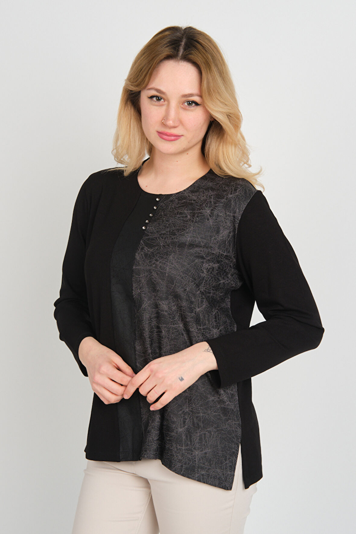 Detay Triko Kadın Suni Deri Detaylı ve Desenli Uzun Kol Bluz 4553 Siyah