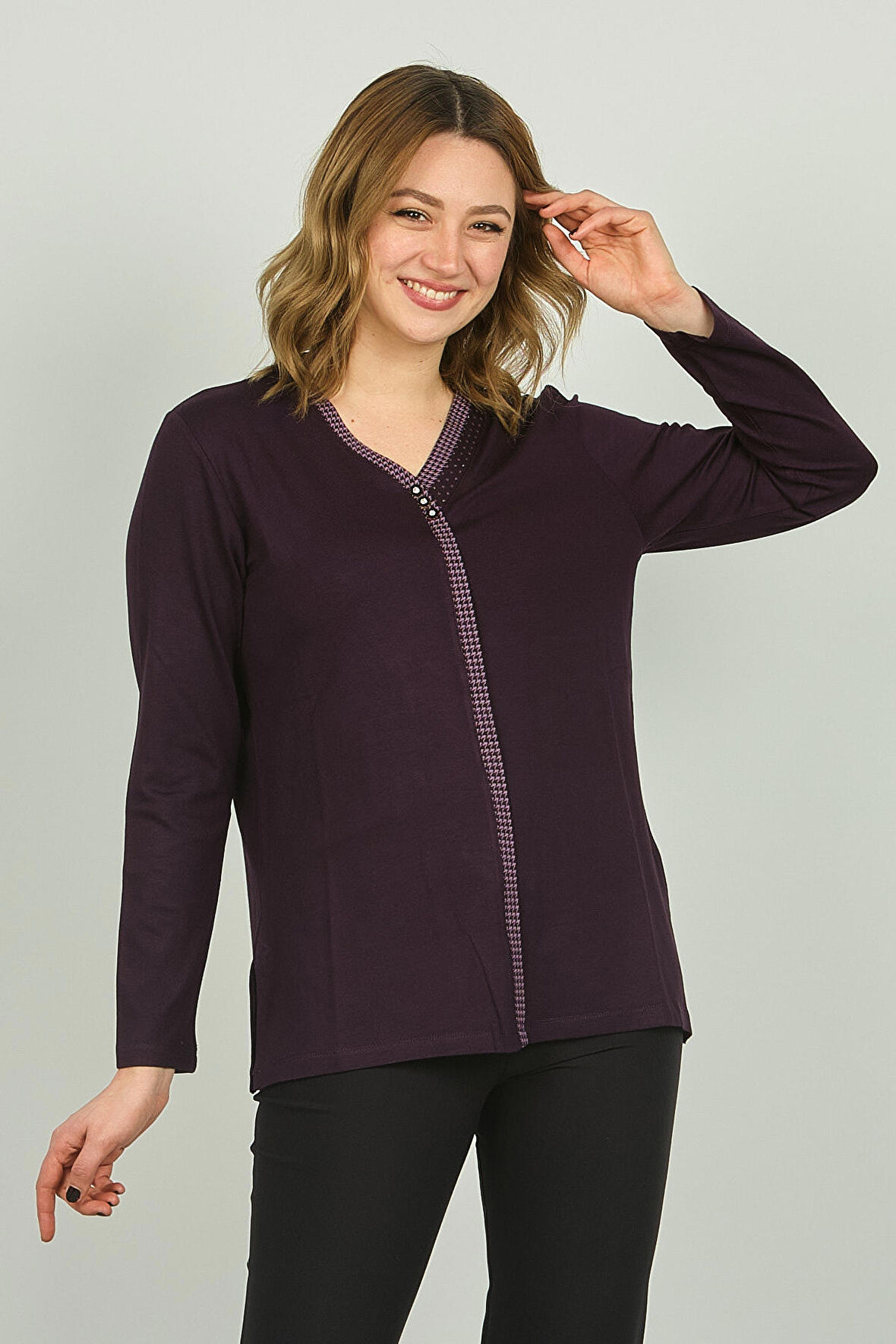 Detay Triko Kadın V Yaka Taş Detaylı Uzun Kol Bluz 4506 Mor