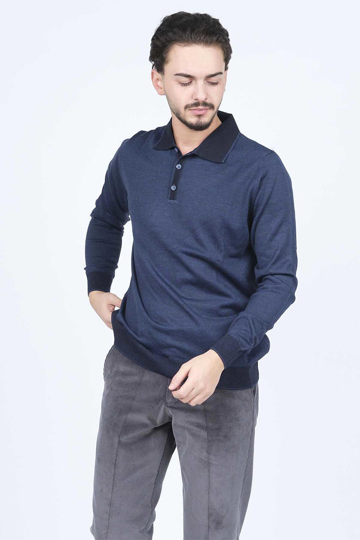 Ateş Triko Erkek Polo Yaka Yün Kazak 6091903 Indigo