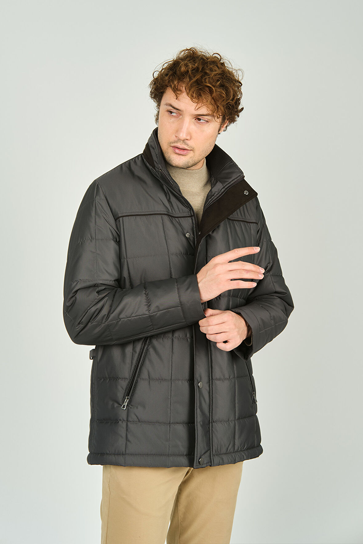 Daynax Erkek İçi Kürklü Dik Yaka Fermuar ve Çıtçıt Kapamalı Mont Kaban 4000 Gri