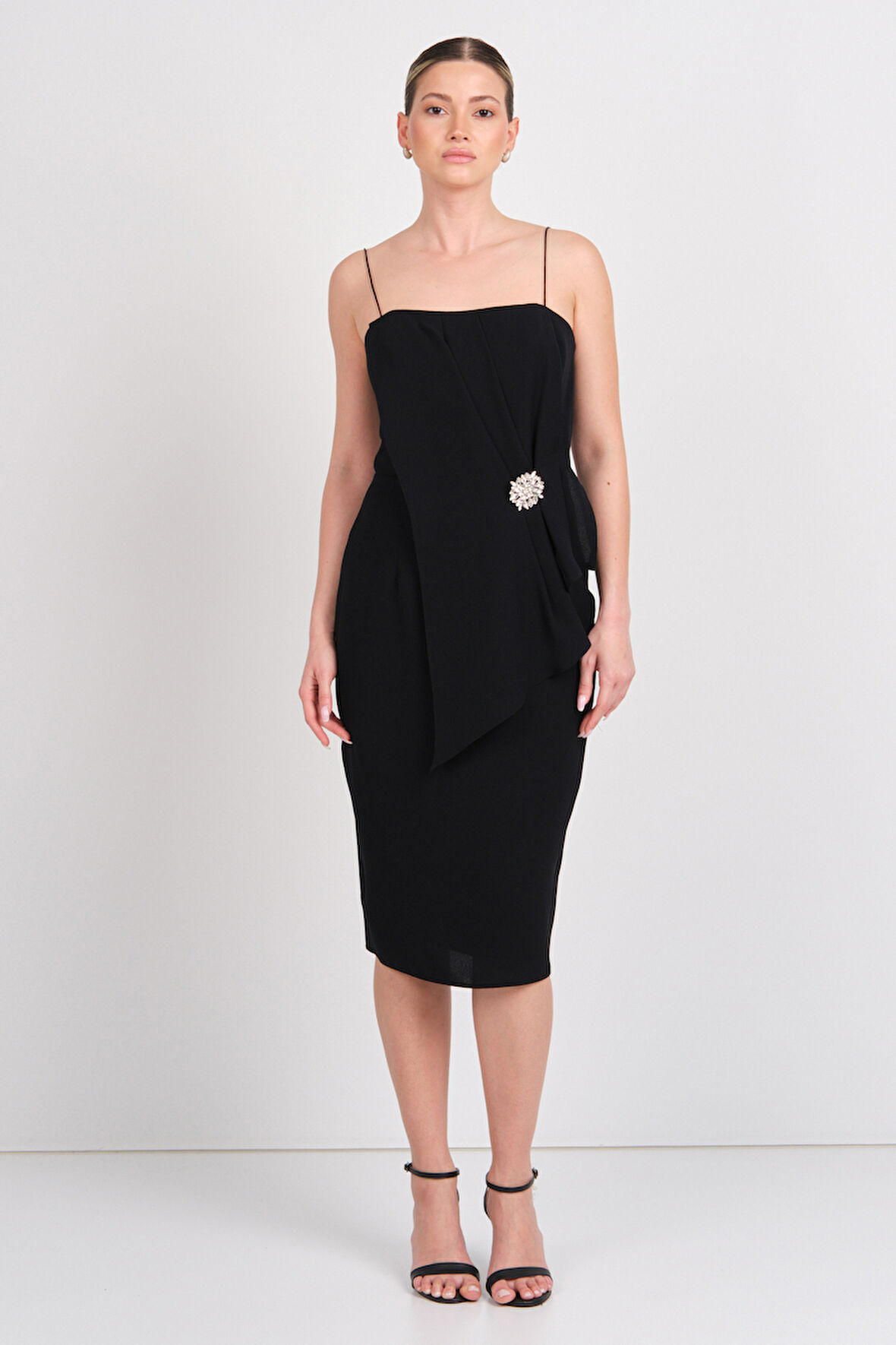 Explosion Kadın İp Asklı Beli Tokalı Midi Abiye Elbise 7818 Siyah