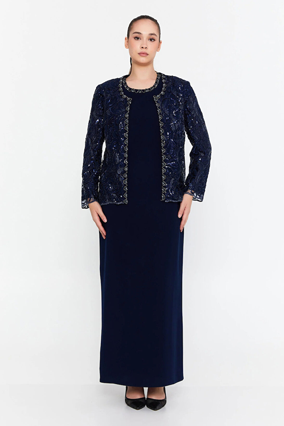 Güzelyalı Kadın Büyük Beden Taş İşlemeli Uzun Abiye Takım 1047 Lacivert