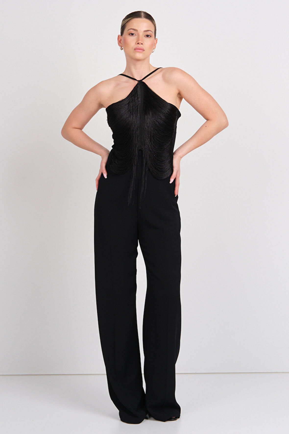 Explosion Kadın Püskül Detaylı Boyundan Bağlamalı Abiye Tulum 2283 Siyah