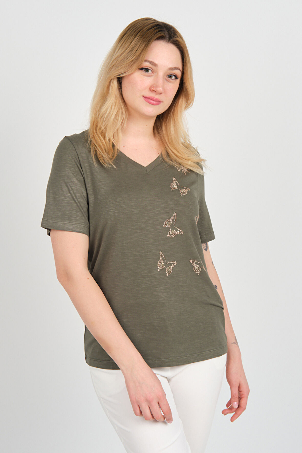 Ella Camelia Kadın Kelebek Şekilli Taş Süslemeli V Yaka Kısa Kollu Bluz 24E047 Haki