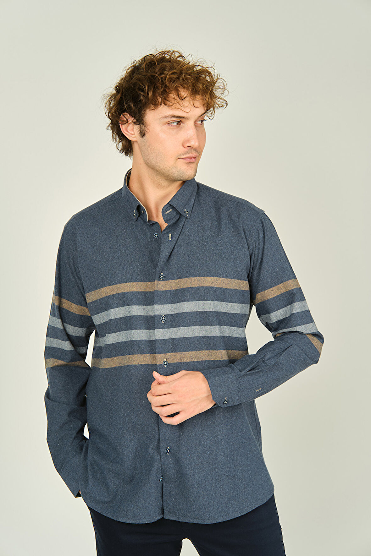 Megaldi Erkek Slim Fit İnce Blok Desenli Pamuklu Uzun Kol Gömlek 1100 İndigo Kahve