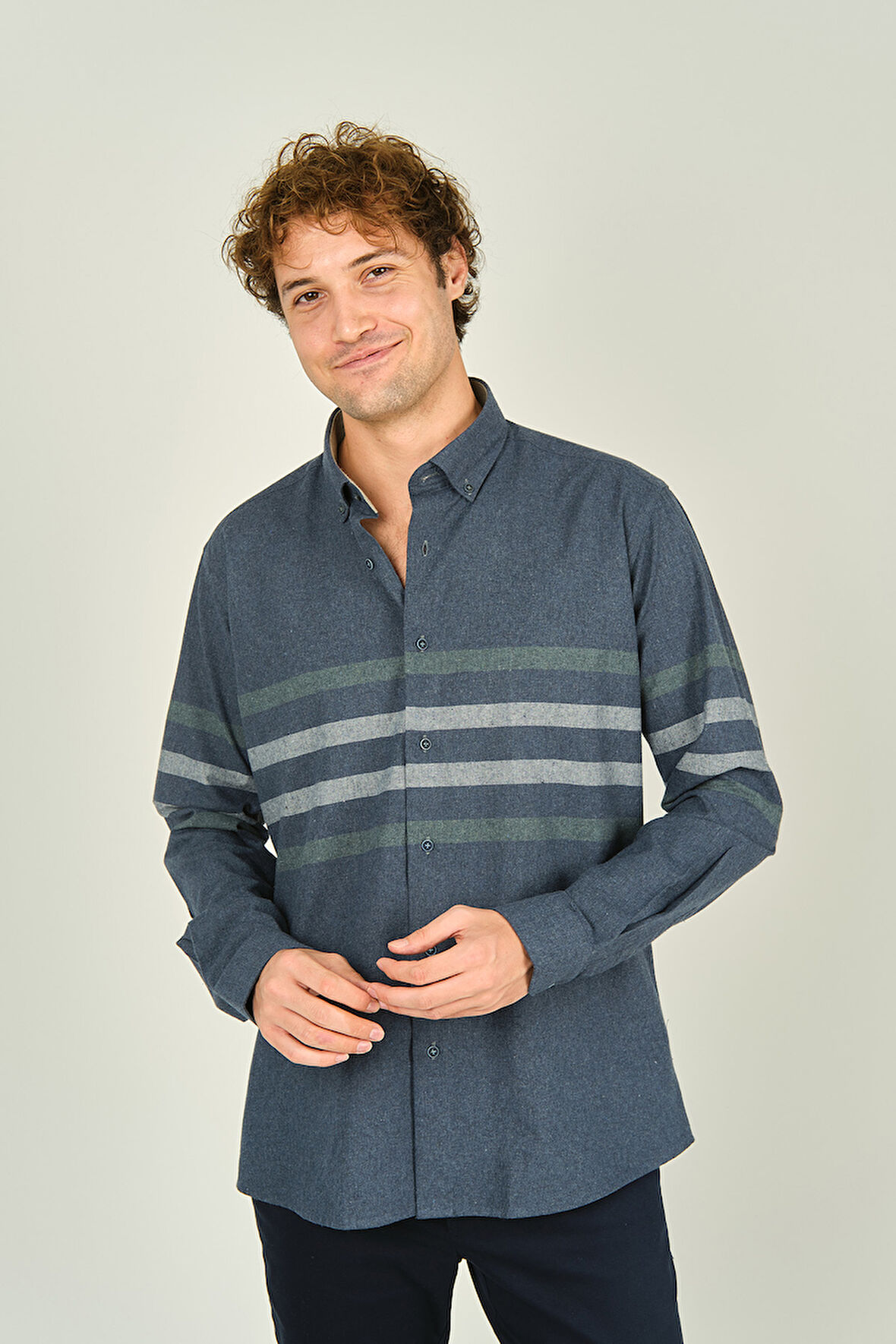 Megaldi Erkek Slim Fit İnce Blok Desenli Pamuklu Uzun Kol Gömlek 1100 İndigo Yeşil