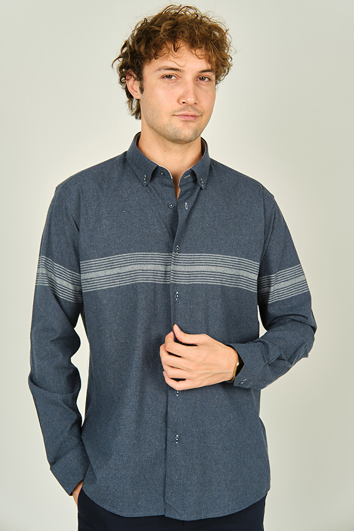 Megaldi Erkek Slim Fit Blok Desenli Pamuklu Uzun Kol Gömlek 1200 İndigo Gri