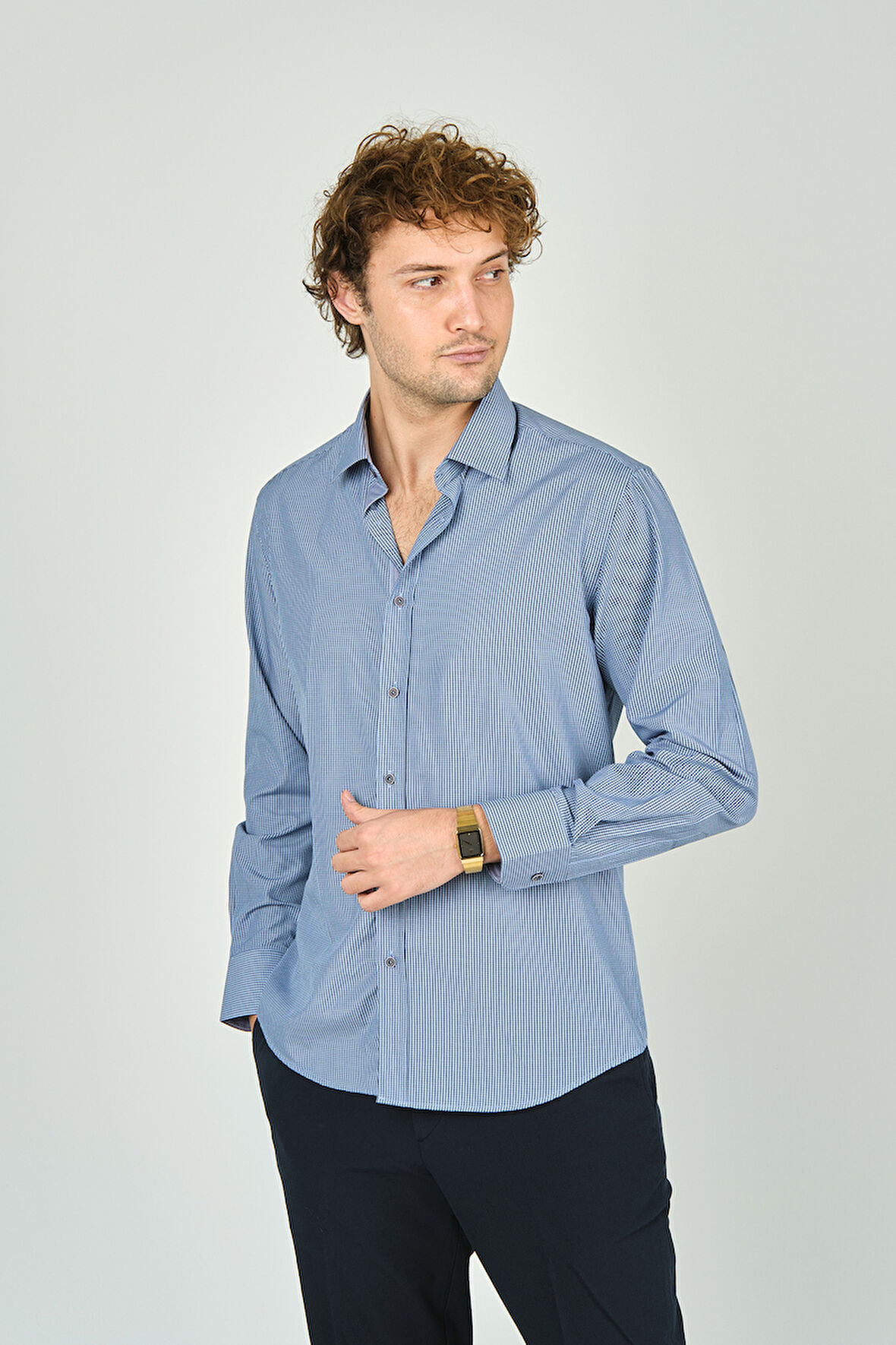 De Leone Erkek Slim Fit Ekoseli Uzun Kollu %100 Pamuk Gömlek 2062 Mavi