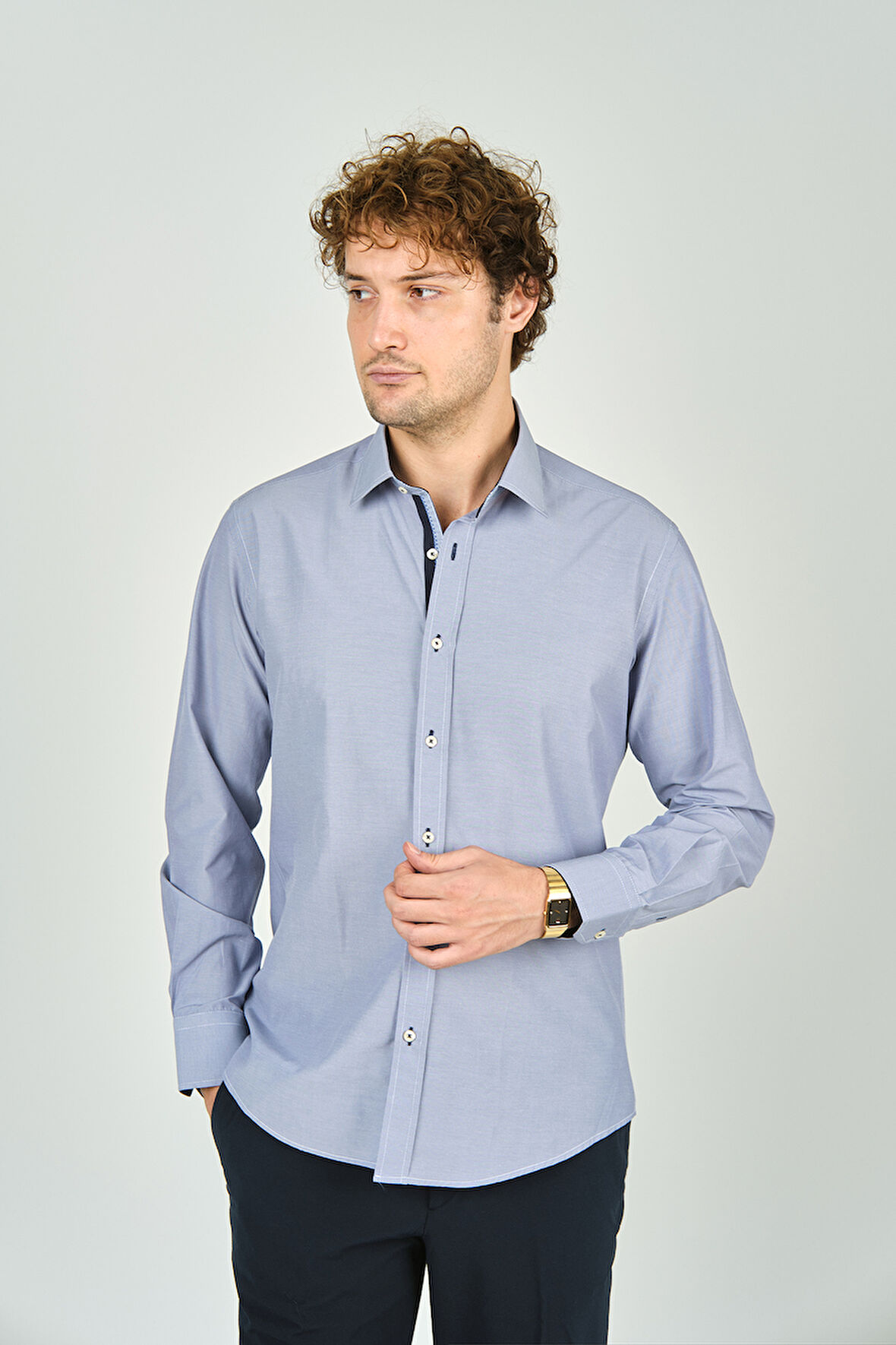 De Leone Erkek Slim Fit Uzun Kollu %100 Pamuk Gömlek 2008 Mavi