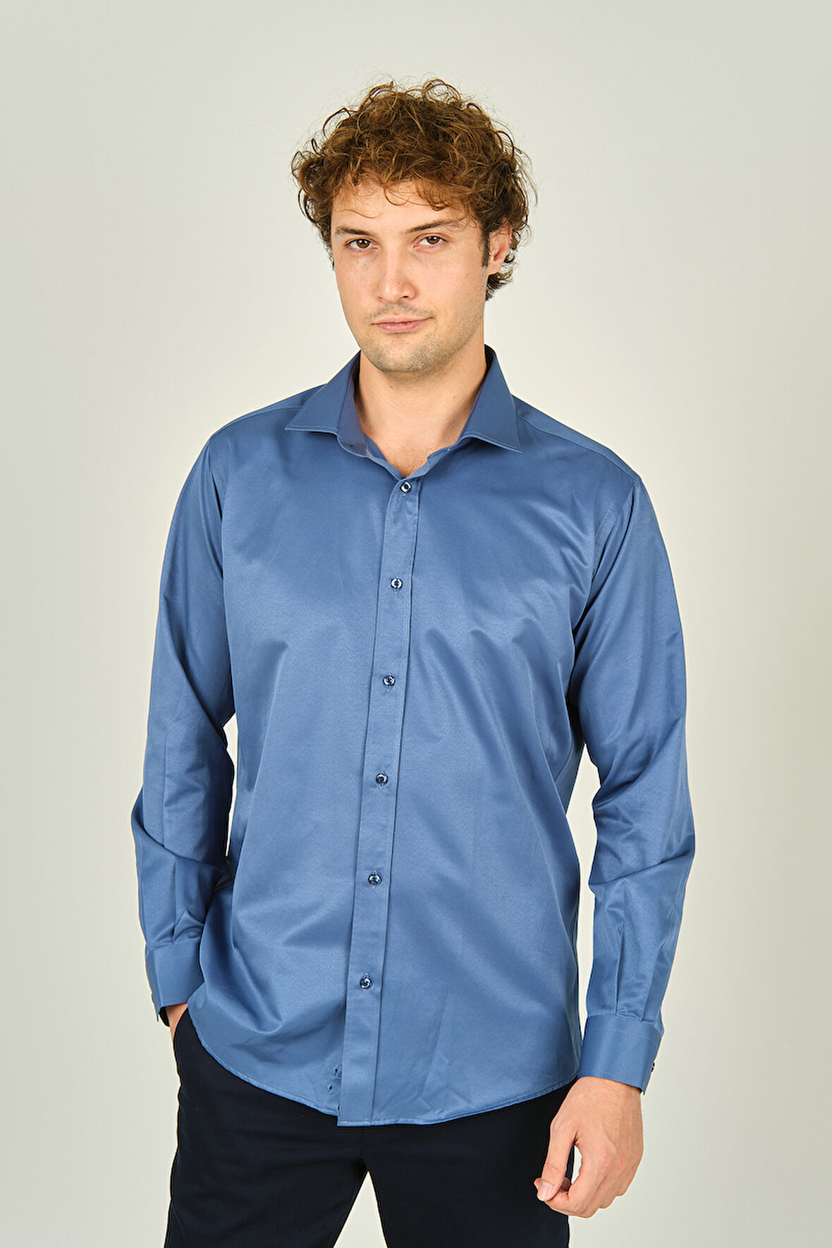 Figs Erkek Slim Fit Uzun Kollu Pamuklu Parlak Kumaş Gömlek 0013 Indigo