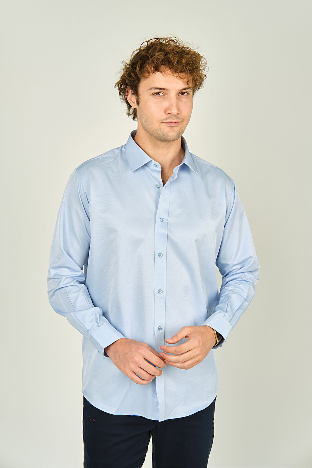 Figs Erkek Slim Fit Uzun Kollu Pamuklu Parlak Kumaş Gömlek 0013 Açık Mavi