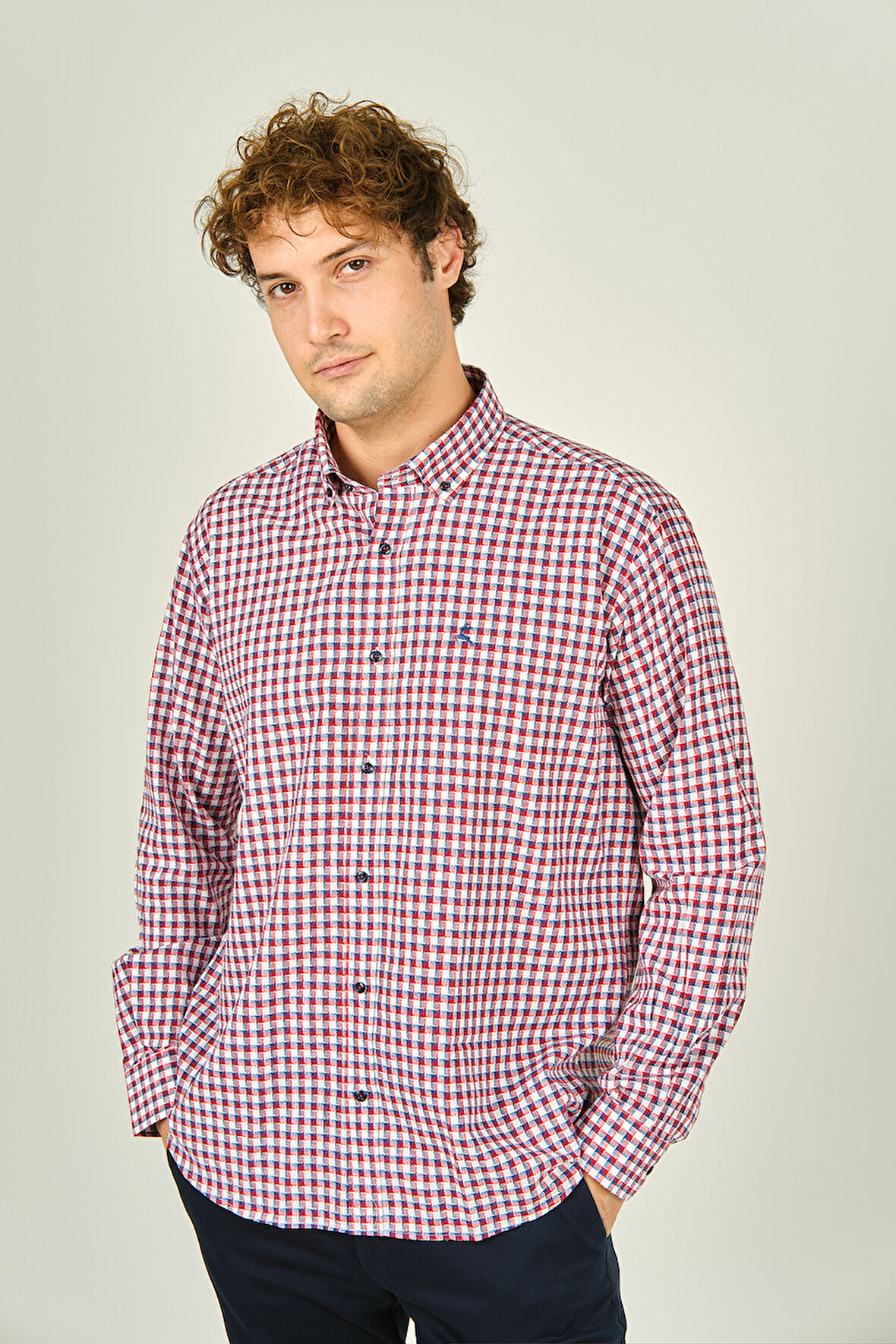 Figs Erkek Slim Fit Ekoseli Uzun Kollu %100 Pamuk Gömlek 0016 Kırmızı