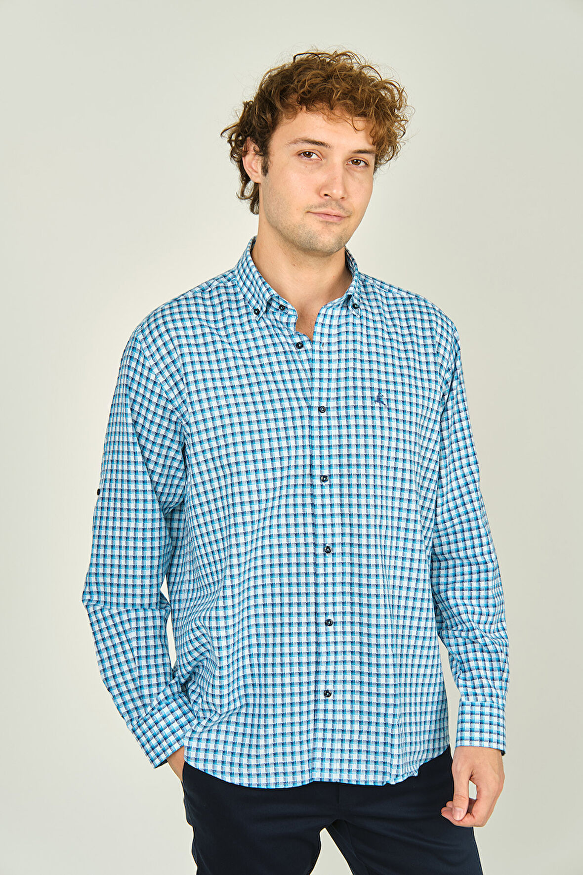 Figs Erkek Slim Fit Ekoseli Uzun Kollu %100 Pamuk Gömlek 0016 Mavi