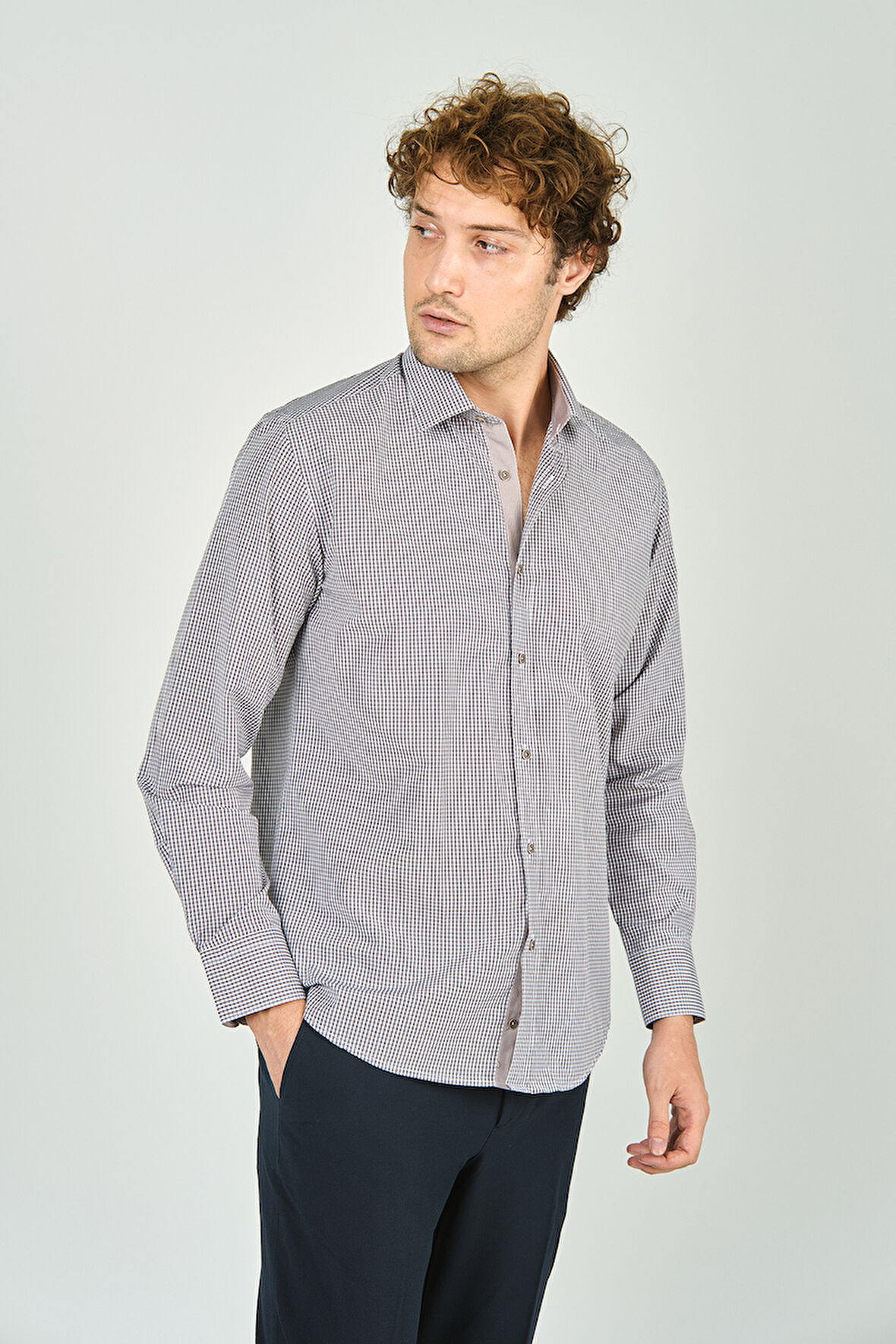 De Leone Erkek Slim Fit Ekoseli Uzun Kollu %100 Pamuk Gömlek 2060 Kahverengi