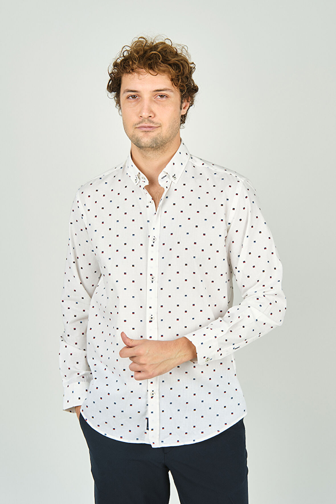 De Leone Erkek Slim Fit Desenli Uzun Kol %100 Pamuk Gömlek 2041 Ekru