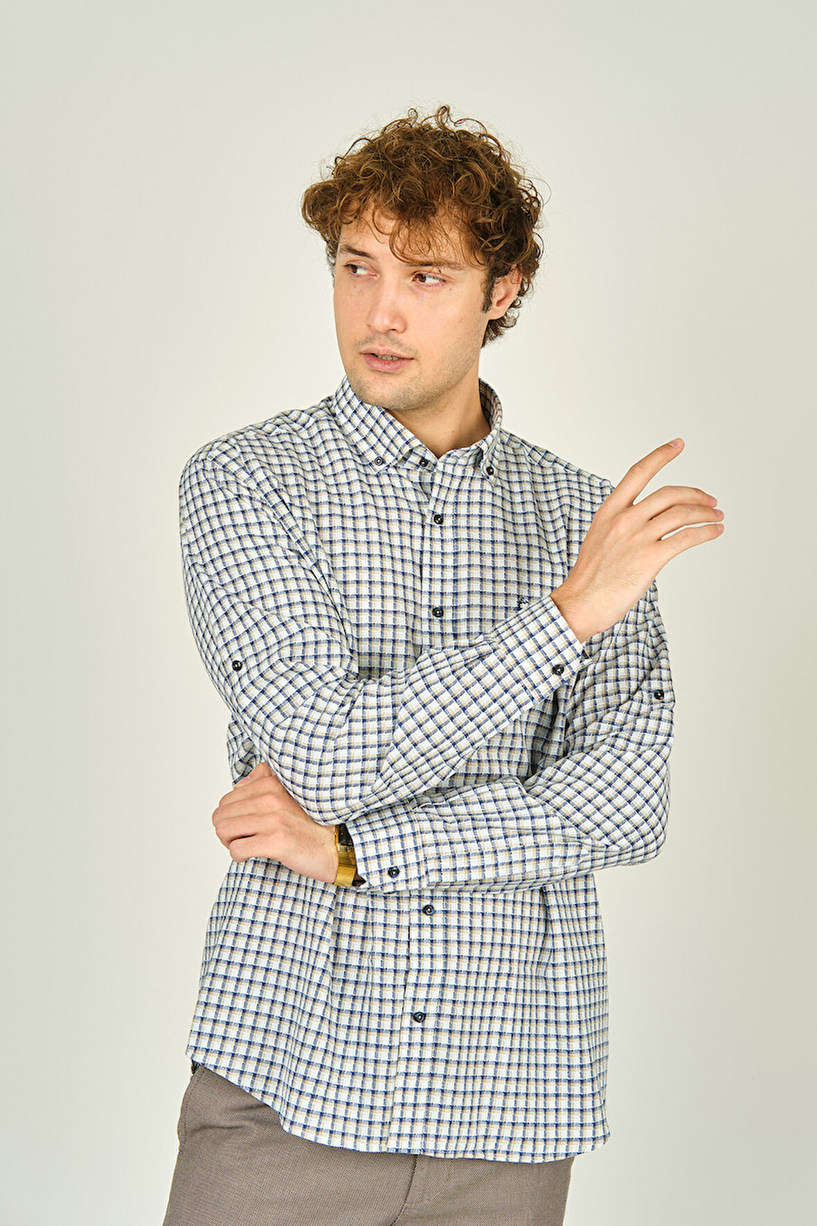 Figs Erkek Slim Fit Ekoseli Uzun Kollu %100 Pamuk Gömlek 0016 Bej