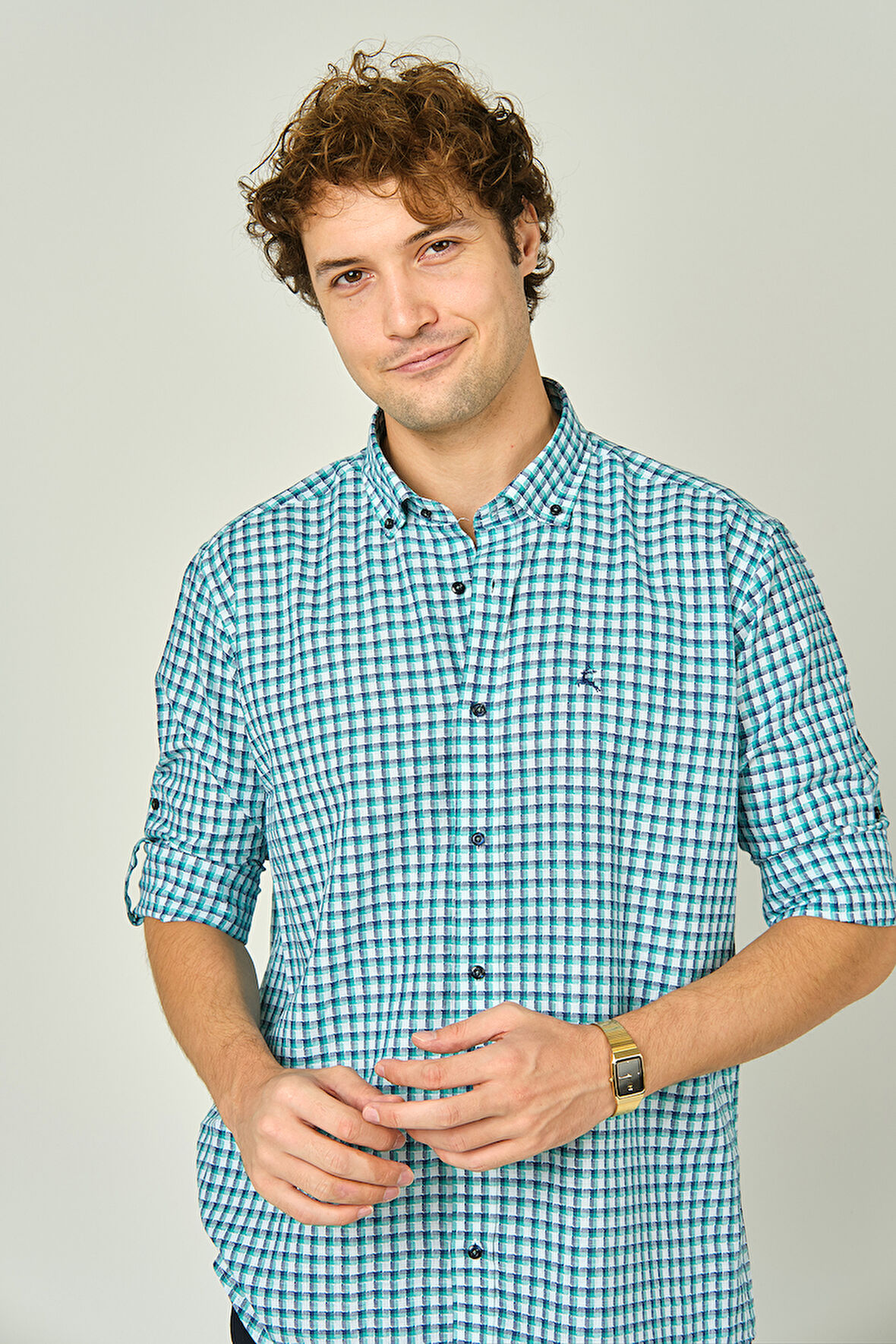 Figs Erkek Slim Fit Ekoseli Uzun Kollu %100 Pamuk Gömlek 0016 Mint