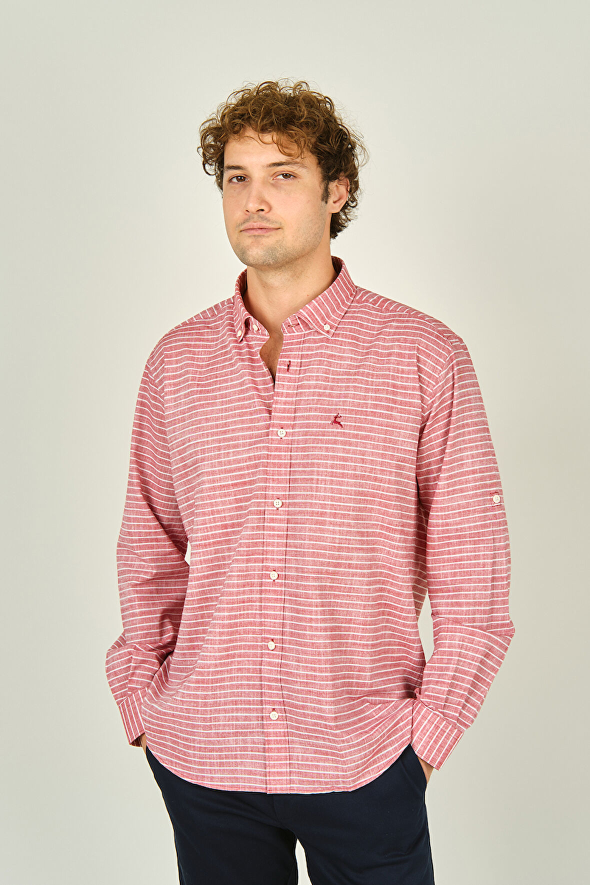 Figs Erkek Slim Fit Çizgili Uzun Kollu %100 Pamuk Gömlek 0015 Kırmızı