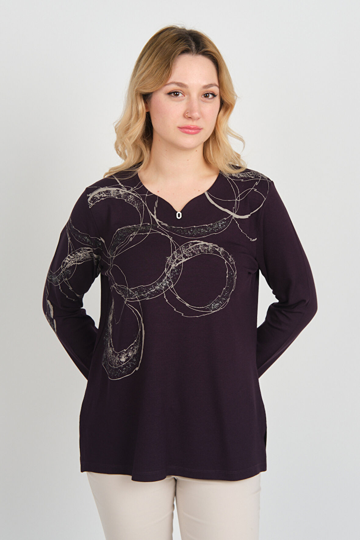 Detay Triko Kadın Uzun Kollu Simli Desenli V Yaka Anne Bluz 5743 Mürdüm