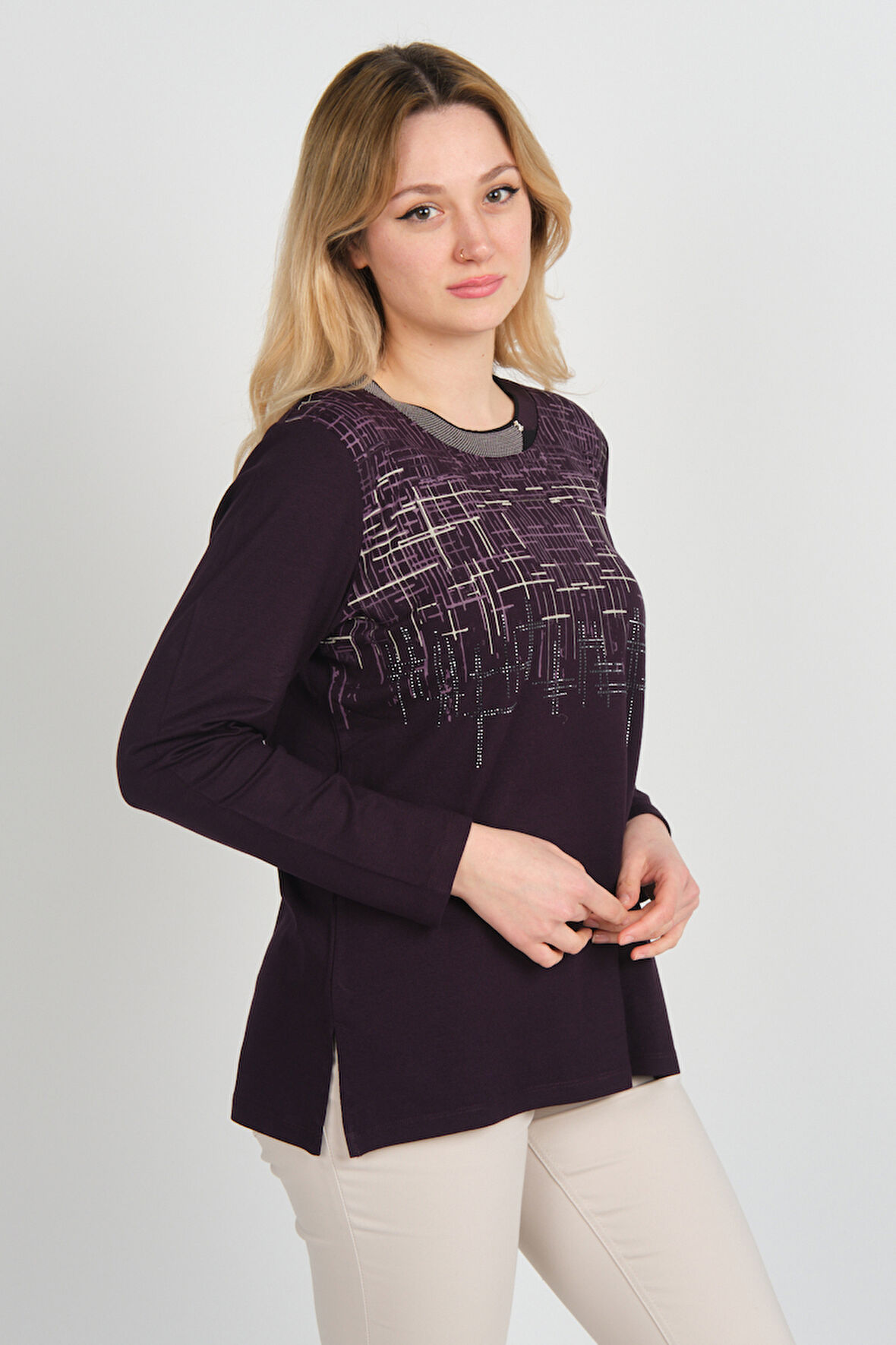 Detay Triko Kadın Taş Detaylı Desenli Yanları Yırtmaçlı Uzun Kol Anne Bluz 5741 Mürdüm