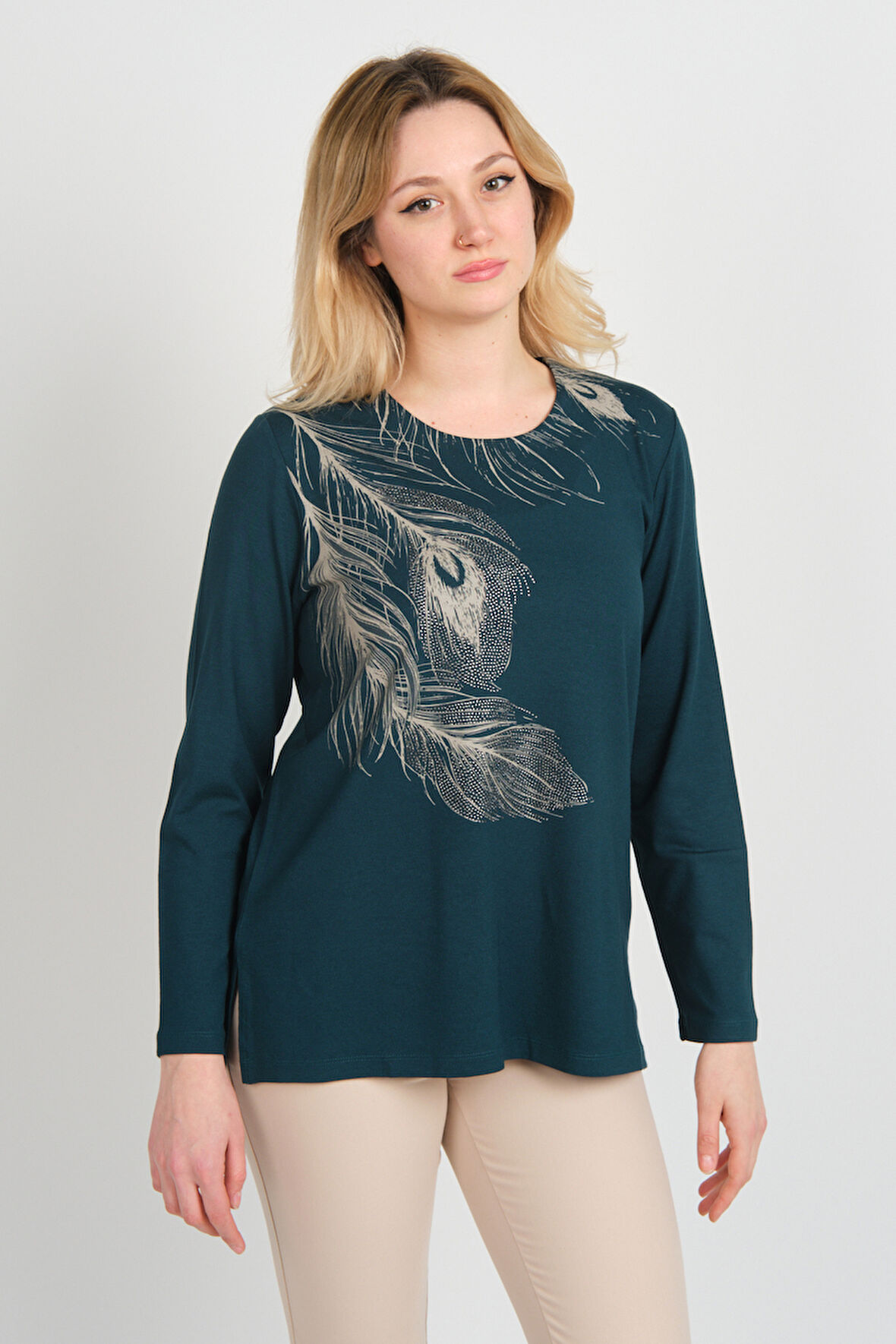 Detay Triko Kadın Taş İşlemeli ve Desenli Bisiklet Yaka Uzun Kol Anne Bluz 5721 Zümrüt