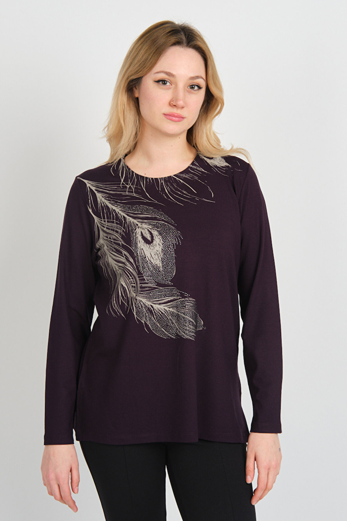 Detay Triko Kadın Taş İşlemeli ve Desenli Bisiklet Yaka Uzun Kol Anne Bluz 5721 Mürdüm