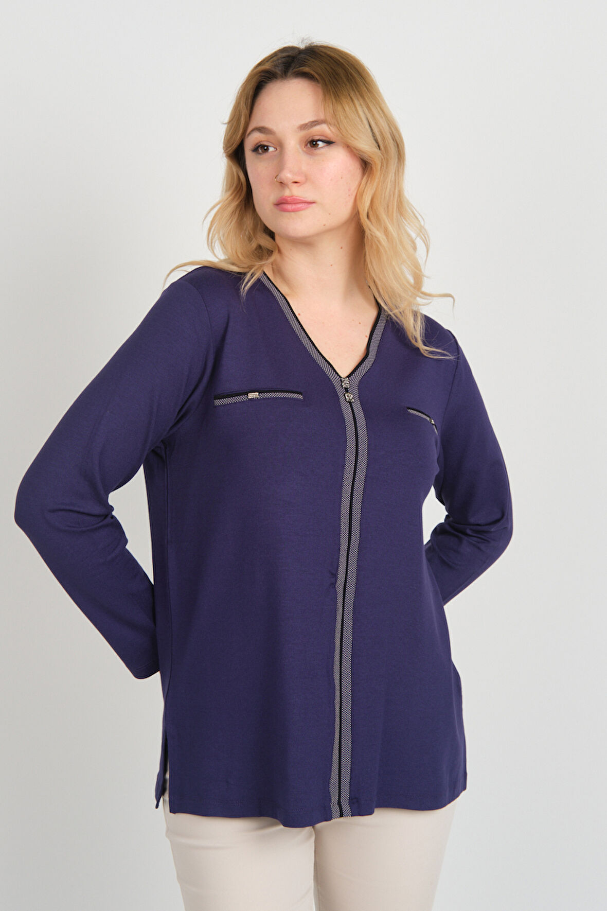 Detay Triko Kadın Süs Cepli Toka Detaylı Uzun Kol Anne Bluz 5717 Mor