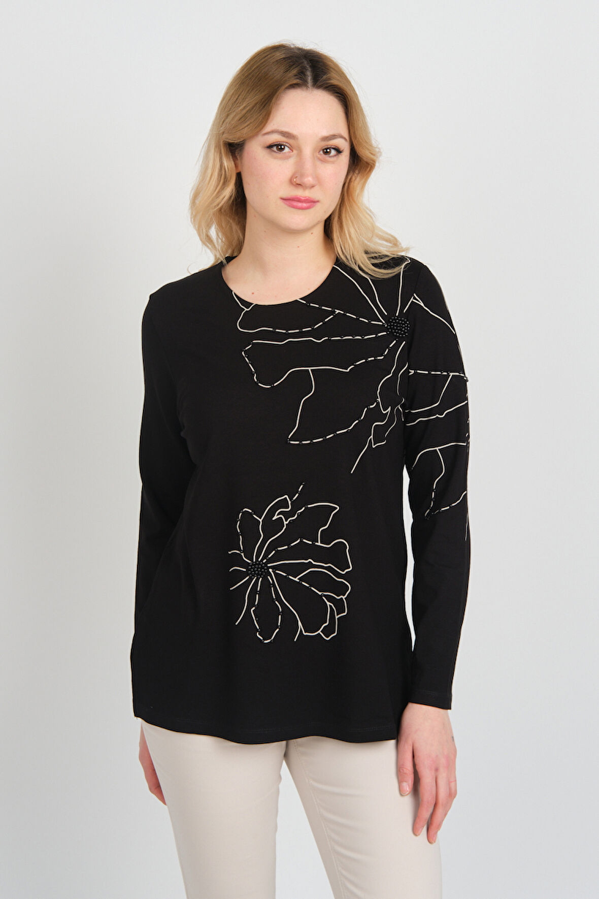 Detay Triko Kadın Boncuk İşlemeli Desenli Uzun Kol Anne Bluz 5737 Siyah