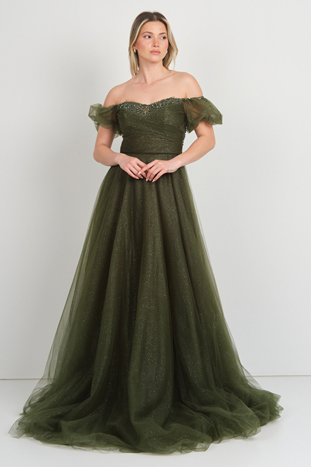 Hvit Vera Kadın Düşük Kol Taş İşlemeli Kabarık Model Uzun Abiye Elbise 5700 Haki