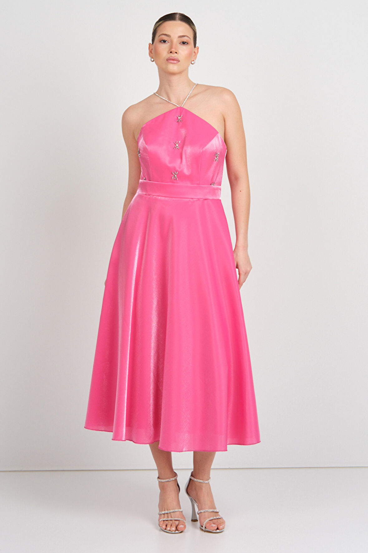 Saygın Kadın Boyundan Bağlamalı Taş Detaylı Midi Abiye Elbise 5598 Fuşya