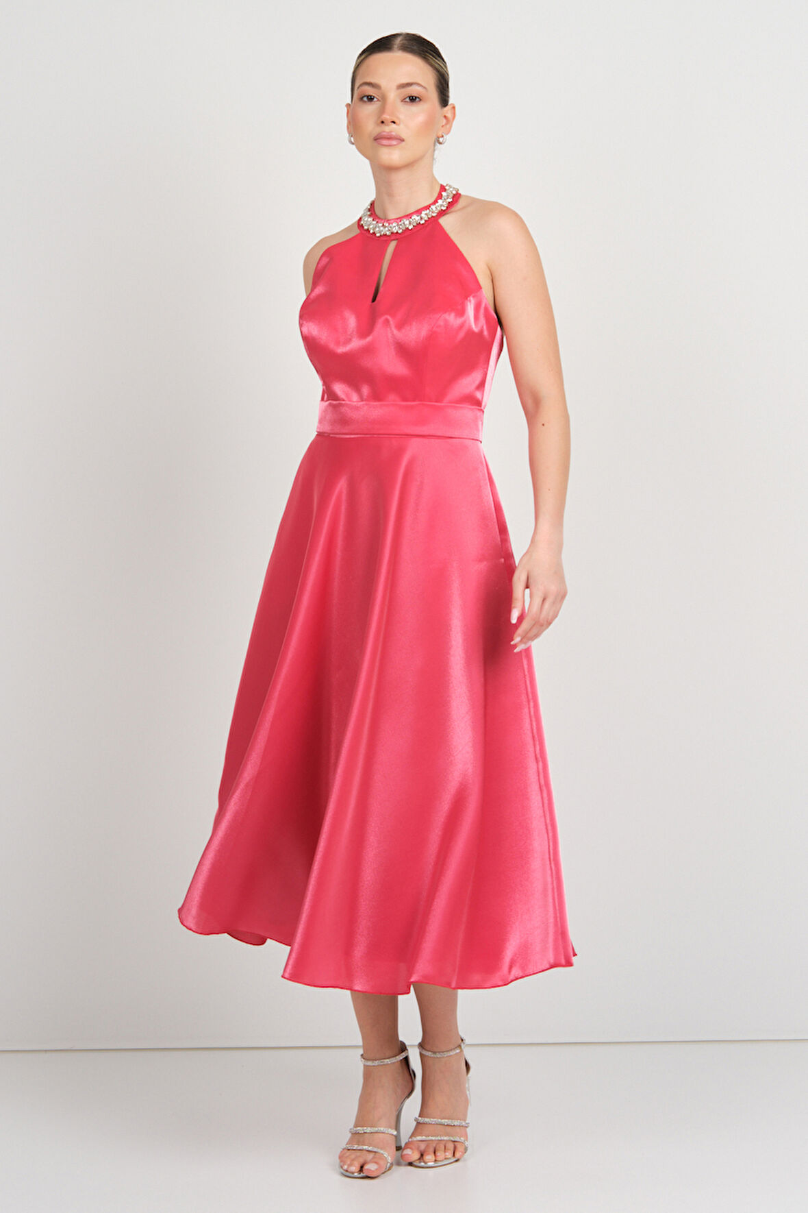 Saygın Kadın Halter Yaka Saten Midi Abiye Elbise 5624 Kırmızı