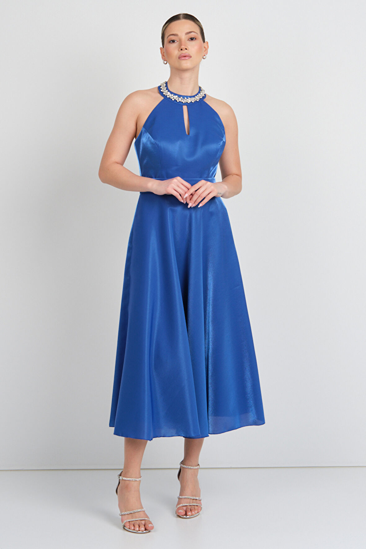 Saygın Kadın Halter Yaka Saten Midi Abiye Elbise 5624 Saks