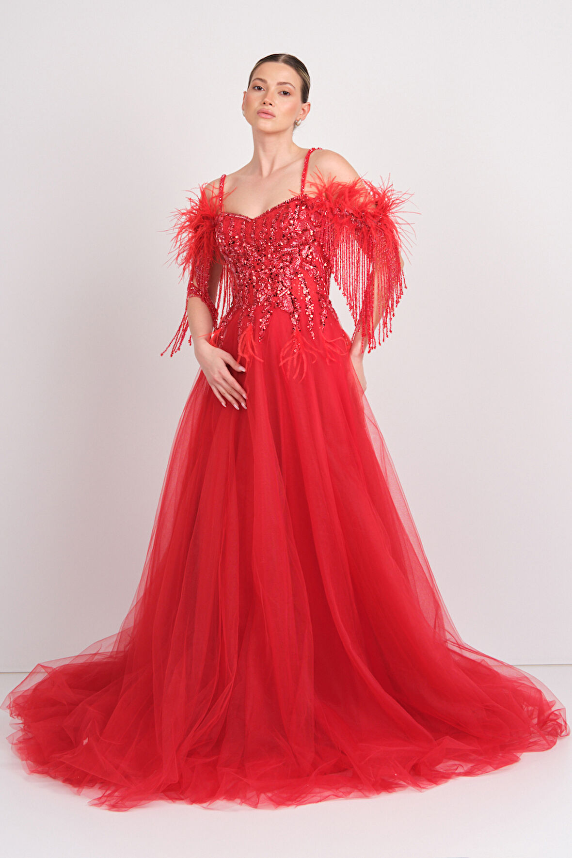Mor Sposa Kadın Üst Full Taşlı Alt Tül Kabarık Model Maxi Abiye Elbise M100 Kırmızı