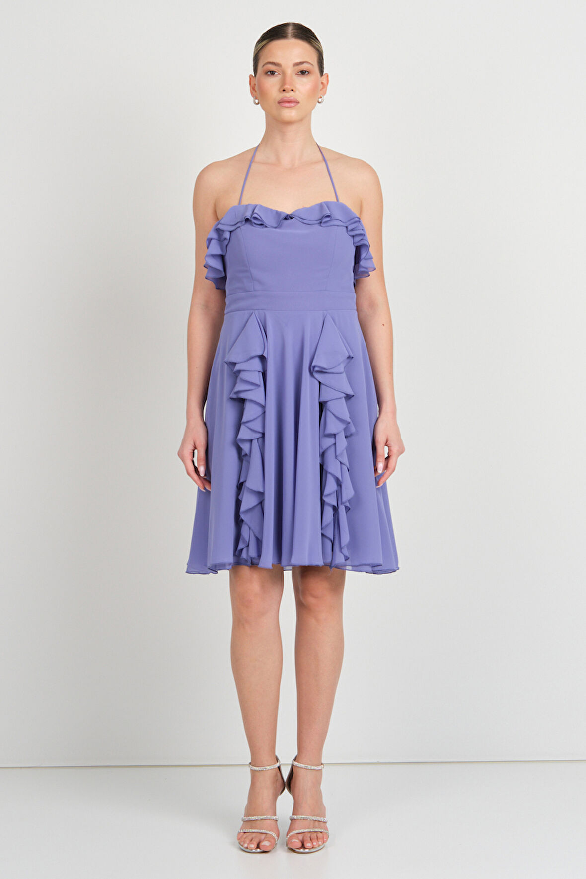 Saygın Kadın Kalp Yaka Fırfır Detaylı Şifon Abiye Elbise 5655 Lila