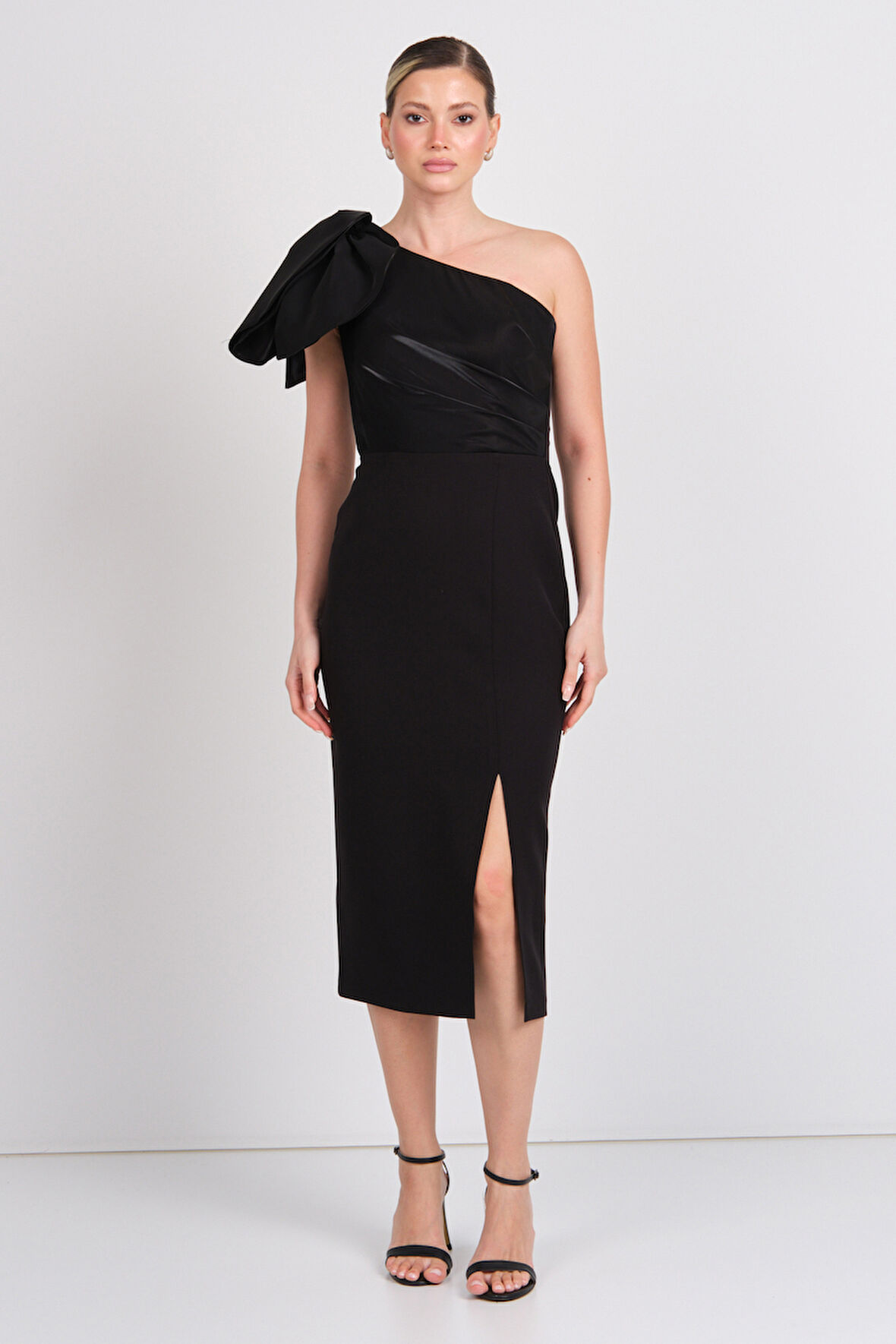 Balen Kadın Tek Omuz Detaylı Yırtmaçlı Midi Abiye Elbise 5101 Siyah