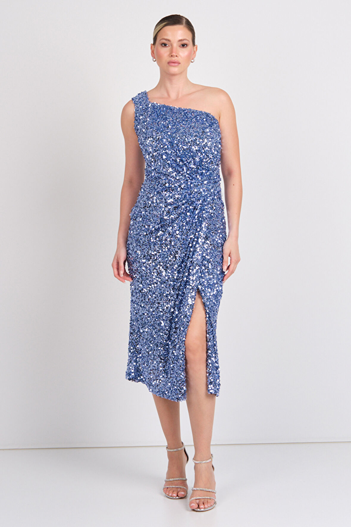 Balen Kadın Tek Omuz Detaylı Full Pul Payetli Midi Abiye Elbise 5118 Indigo